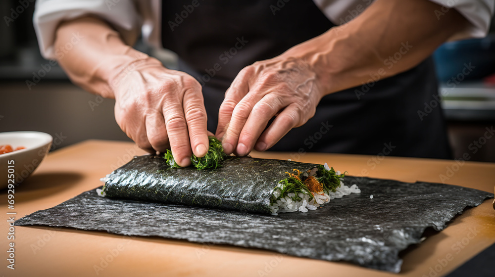 Skillful Sushi Chef Showcases Precision and Artistry in Rolling Nori Seaweed Delicacies