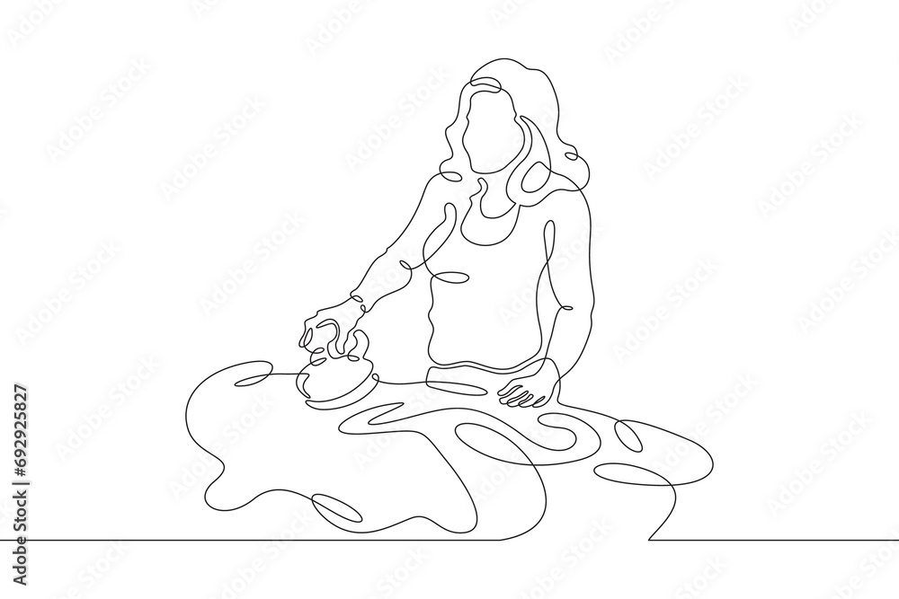 Seamstress at work in the studio. A dressmaker sews. A young woman makes clothes.One continuous line drawing. Linear. Hand drawn, white background. One line
