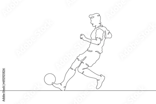 A football player runs along a football field with a ball. Football game. One continuous line drawing. Linear. Hand drawn, white background. One line © derplan13