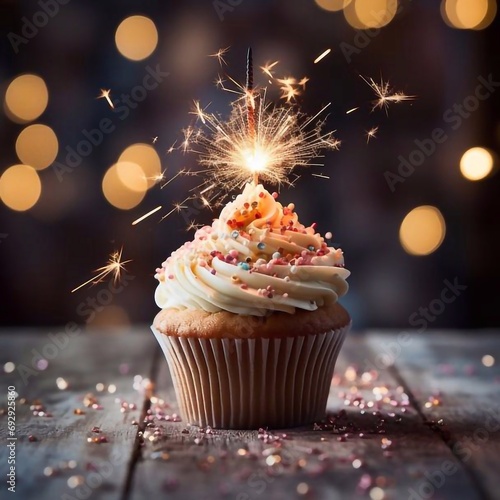 Birthday cupcake with celebration sparkler and sprinkles for a birthday party