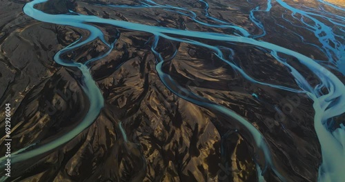 Aerial View Of Kalfafell Braided Channel With Sandy Riverbed In Iceland.  photo