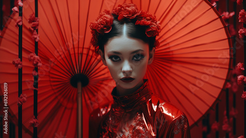 A Captivating Asian Female Model Gracefully Wearing a Stylish Red Outfit and Holding a Chic Umbrella