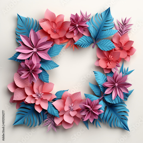 3d render craft paper tropical leaves pink blue floral