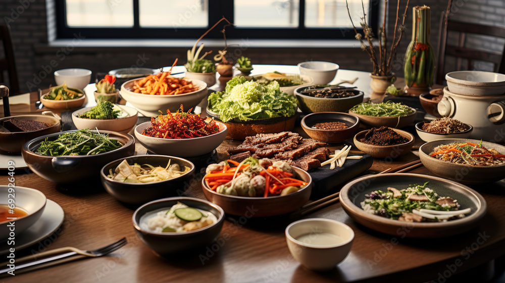 Korean Table Food with Exquisite Dishes and Banchan Delights in the Korean Restaurant