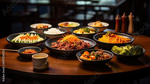 Korean Table Food with Exquisite Dishes and Banchan Delights in the Korean Restaurant