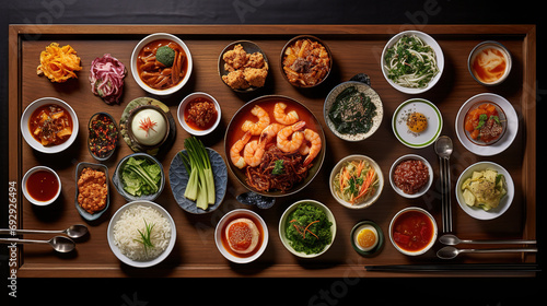 Korean Table Food with Exquisite Dishes and Banchan Delights in the Korean Restaurant