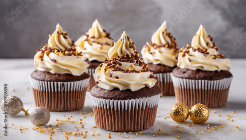 Festive New Year's Eve Cupcakes adorned with Vanilla and Chocolate Frosting, Topped with Decorative Sprinkles