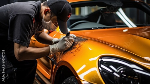 Professional detailing a car in car studio, hands with orbital polisher, scratching remover