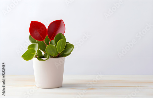 Green home plant on white pot on white wooden table over white background