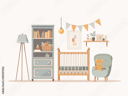 Baby room with furniture. Nursery boho style interior. Children's room. Flat vector illustration. Apartment design for newborn.Bedroom for a baby with cot, toys, dresser, armchair, shelf.