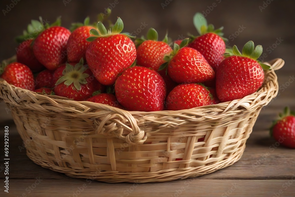 Strawberries placed in a wicker basket on wooden background. Ai generative
Strawberries placed in a wicker basket on wooden background. Ai generative