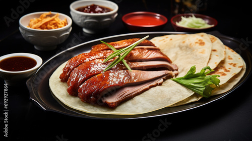 Tasty Duck Pecking Food on Traditional Flavors of Succulent Meat and Tortilla