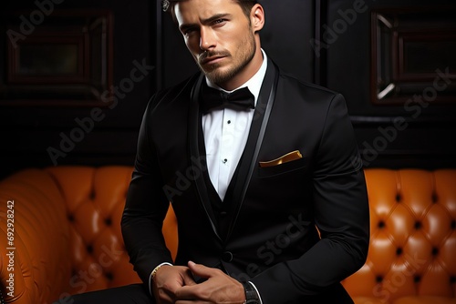 side looks man business fashion model dramatic latin happy male guy handsome macho suit black attaching bow tie neck tuxedo coat looking gentleman background formal groom stylish clothing shirt