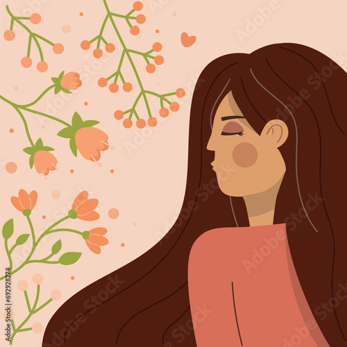 Vector illustration of a woman with long hair and flowers  Women s Day  peach color