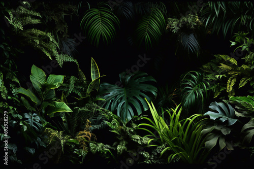 Tropical rainforest foliage plants bushes (ferns, palm, philodendrons and tropic plants leaves) in tropical garden on black background, green variegated leaves pattern nature frame forest background