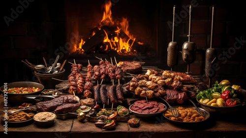 A Carnivore's Delight at the Brazilian Churrascaria, Artfully Grilled Masterpieces of Meat, Expertly Served