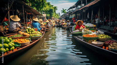 Waterways of Thailand's Vibrant Floating Market aboard Traditional Boats along the Serene River © Magenta Dream