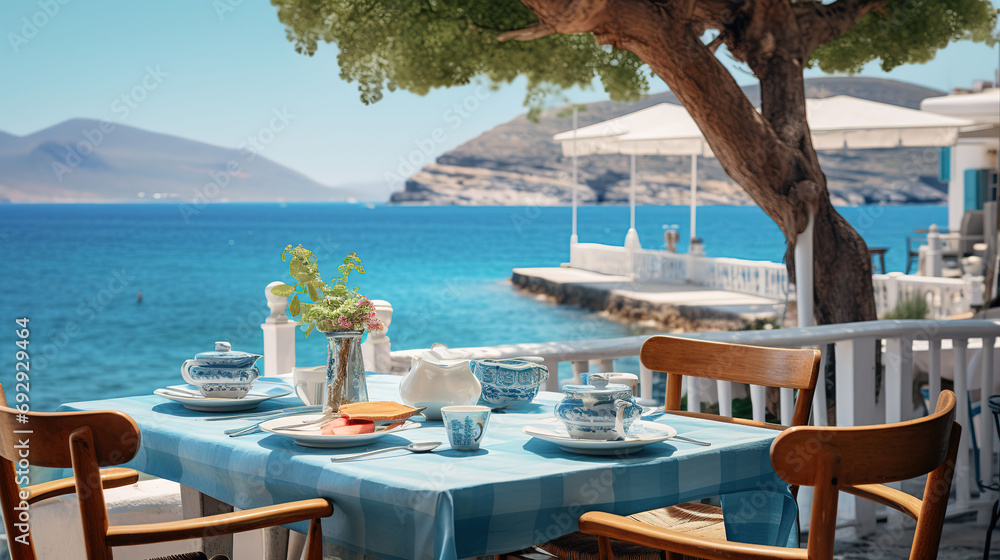 Authentic Greek Tavernas Serving Traditional Culinary Delights in a Coast - obrazy, fototapety, plakaty 