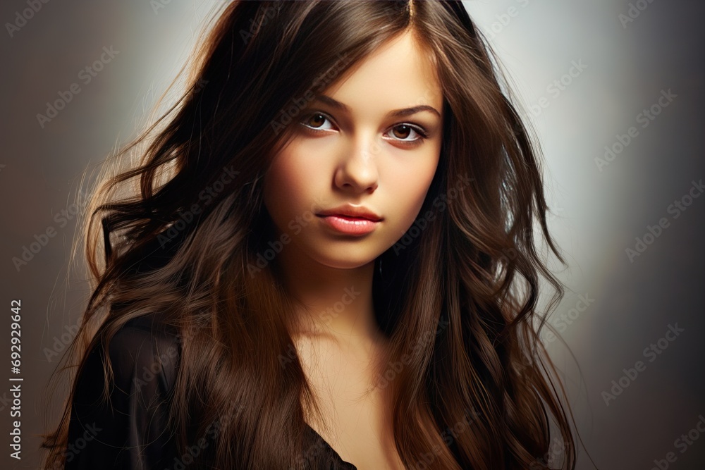 Fototapeta premium hair long girl Brunette make-up make up coiffure fashion beauty cosmetic model face colours eyelash lip skincare manicure lipstick eyeshadow style care parlour beautiful bright accessory haircut