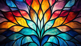 Stained glass window background with colorful Leaf and Flower abstract.	