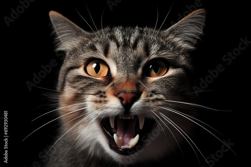 cat face close-up, Angry cat,  Portrait of a beautiful gray striped cat, young angry gray cat. ai generated © HayyanGFX