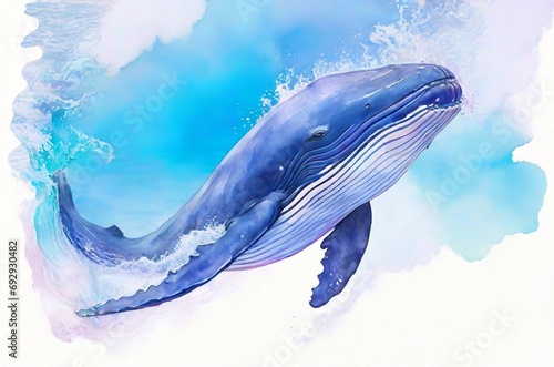 Watercolor painting whale sketch on a blue background. Illustration for posters, cards, T-shirt prints. AI generated