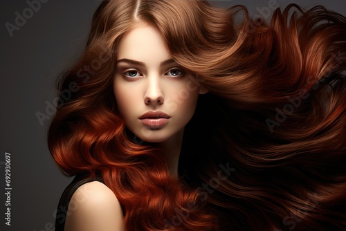 Hig Hair Wavy Long Woman Beautiful Portrait Brown salon shine model colouring curly luxury cosmetic luxurious care fashion wave styling healthy young shiny girl face colours person make-up beauty photo