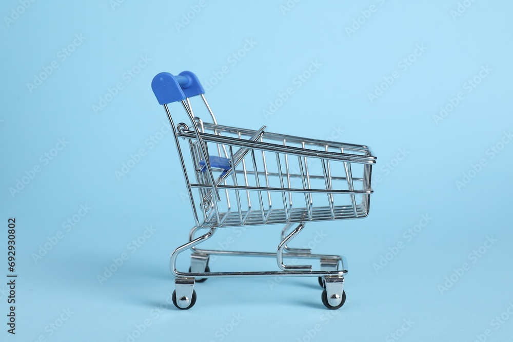 Small metal shopping cart on light blue background