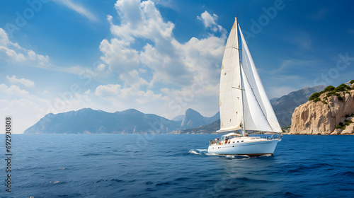 A sailboat playing in the middle of the blue sea during the daytime. and mountain background. Ai generate.