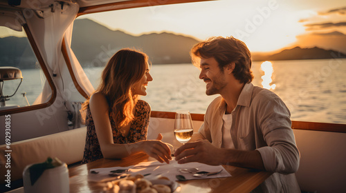 European lovers sitting on a yacht having dinner. They love each other every day, even if it's not Valentine's Day. Ai generate. © MOUNTAIN