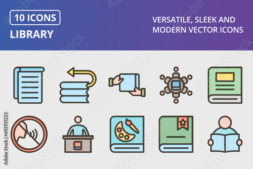 Library Thick Line Filled Colors Icons Set