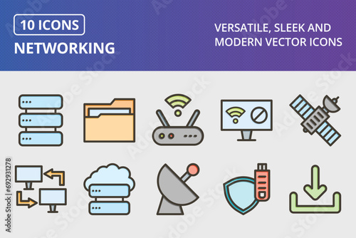 Networking Thick Line Filled Colors Icons Set