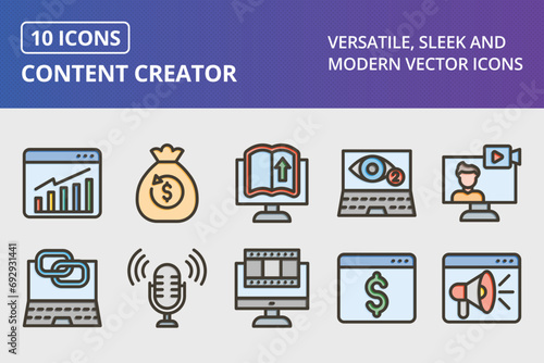Content Creator Thick Line Filled Colors Icons Set
