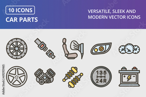 Car Parts Thick Line Filled Colors Icons Set