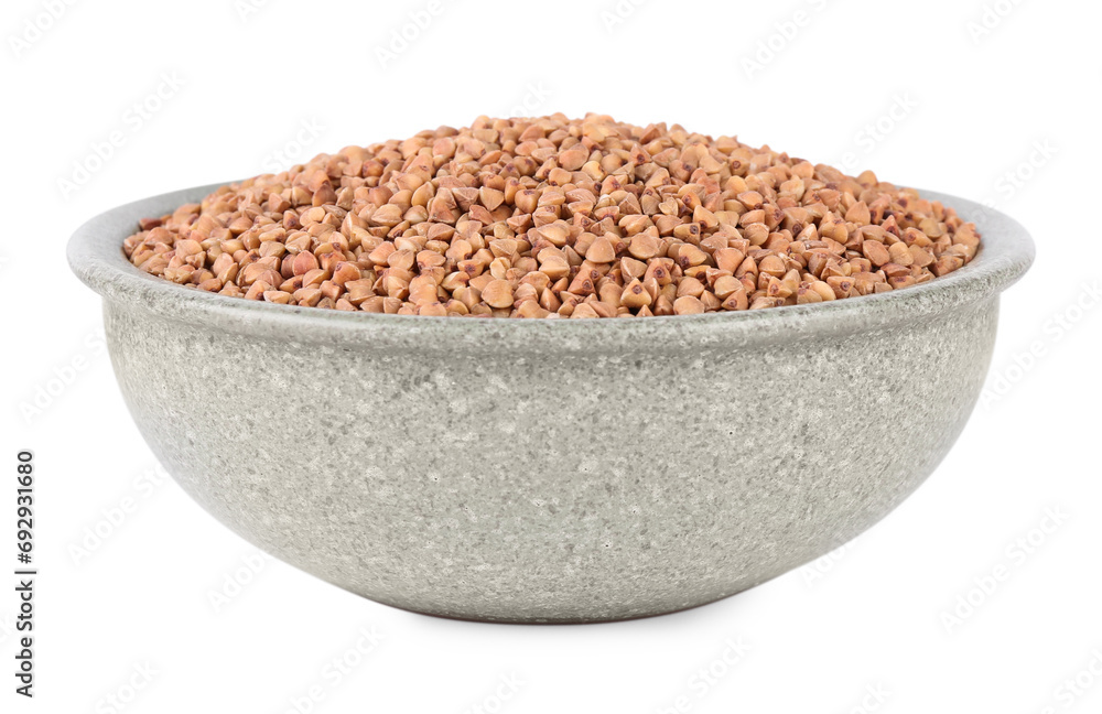 Raw buckwheat in bowl isolated on white Raw buckwheat in bowl isolated on white