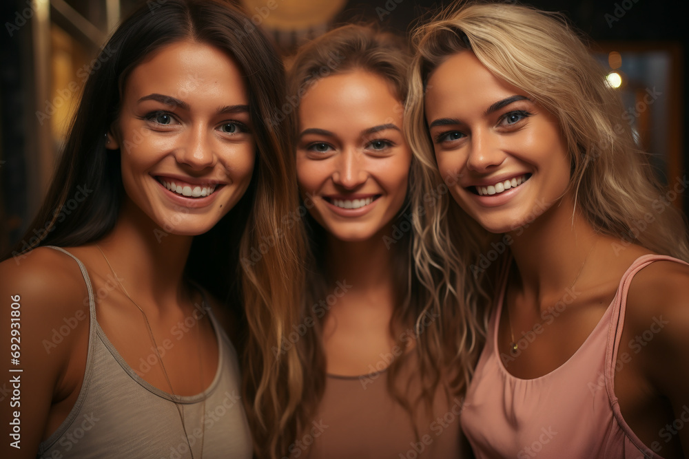 Three happy young best friends having fun taking selfie photo together in university. Students smiling at camera. Front view of three beautiful women having good time together Three happy young best friends having fun taking selfie photo together in university. Students smiling at camera. Front view of three beautiful women having good time together