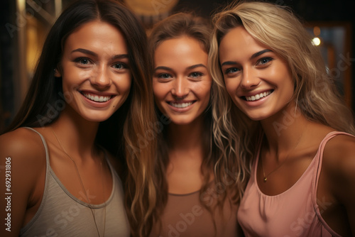 Three happy young best friends having fun taking selfie photo together in university. Students smiling at camera. Front view of three beautiful women having good time together