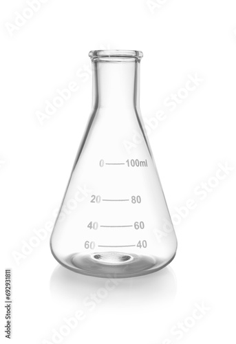 One empty laboratory flask isolated on white