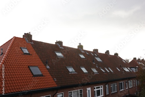 Beautiful building with tiled roof and chimneys in city under sky