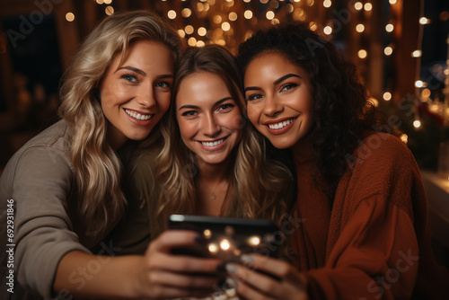 Three happy young best friends having fun taking selfie photo together on a night out. Students smiling celebrating weekend. Front view of three beautiful women in a restaurant.