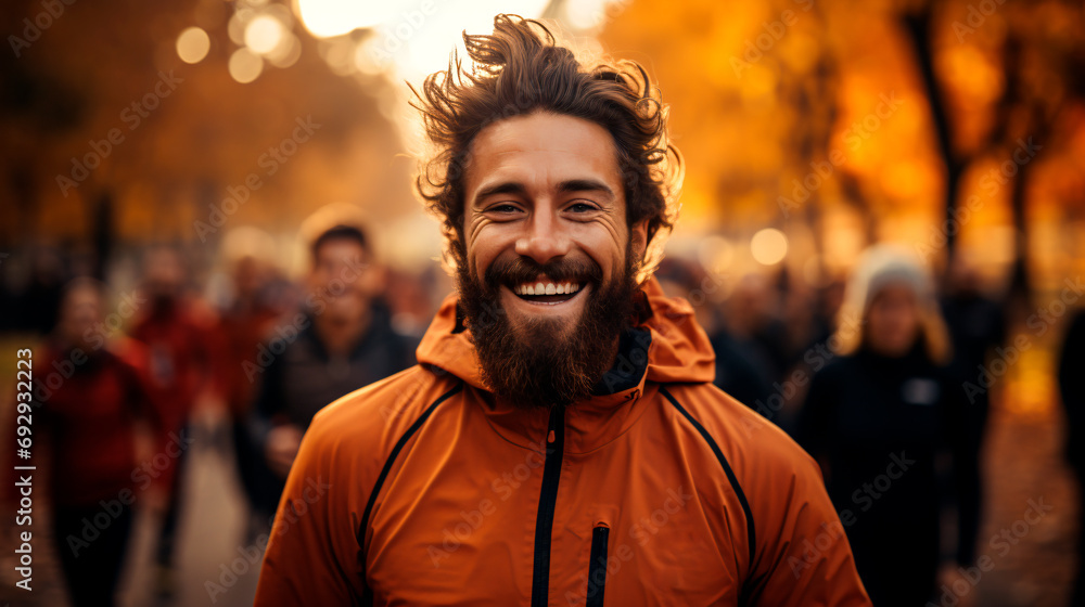 Fototapeta premium Happy Runner in Orange Gear Autumn Marathon