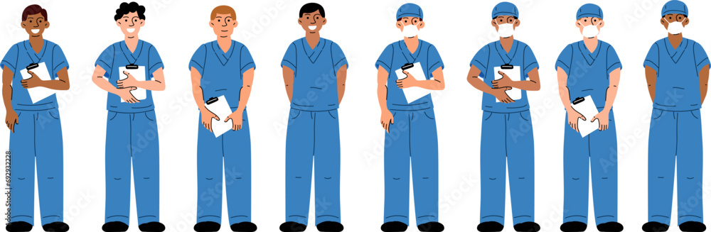 Set of medical workers in blue uniforms, with documents, wearing a medical mask. Nurses, a doctor. Medical uniform. Collection of various nurses in uniform, with and without documents in full height Set of medical workers in blue uniforms, with documents, wearing a medical mask. Nurses, a doctor. Medical uniform. Collection of various nurses in uniform, with and without documents in full height