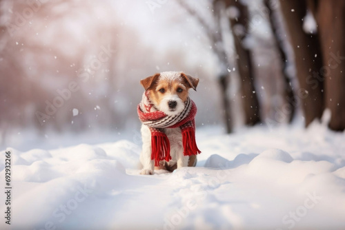Cute dog wearing a hat and scarf outside. Winter, snow. © Наталья Майшева