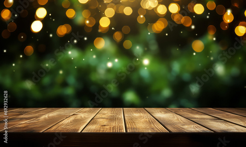 Elegant Wooden Table Top with Luminous Golden Green Bokeh Background, Ideal for Product Display and Festive Compositions