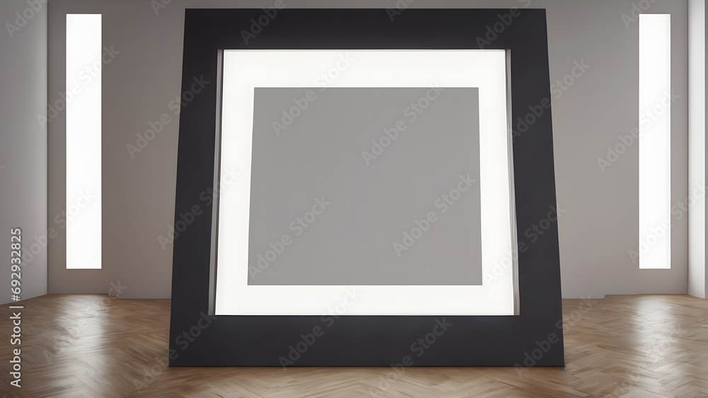 Artifical Intelligence generated image of interior with empty frame. Blank picture frame hanging on wall, AI generated image Artifical Intelligence generated image of interior with empty frame. Blank picture frame hanging on wall, AI generated image