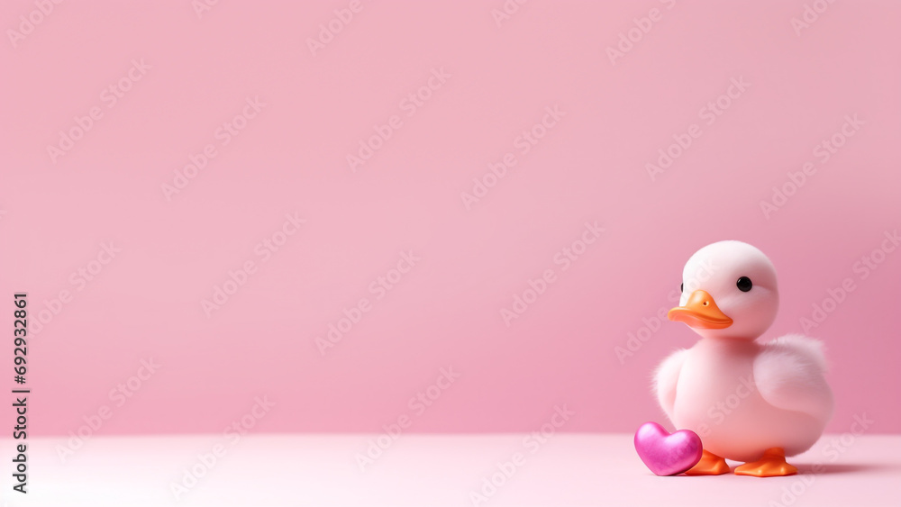 pink baby loving duck on a pink wallpaper, copy space pink baby loving duck on a pink wallpaper, copy space