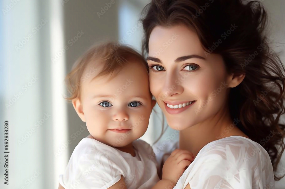 Woman and her baby against light background Woman and her baby against light background