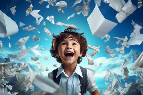 Poster collage of funny cute school child flying crumpled paper on dream imagine blue sky paint background