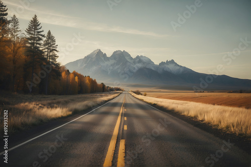 a road to the snow-capped mountains