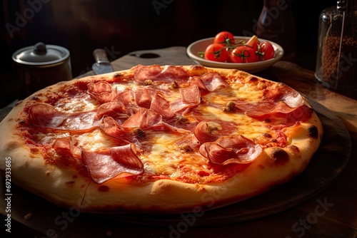 Pizza on wooden table with blur and black background